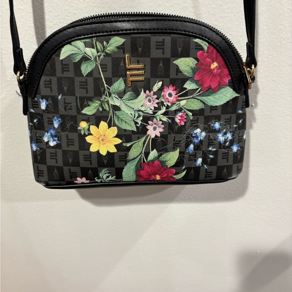 Red and Black Crossbody Bag with Floral Accents